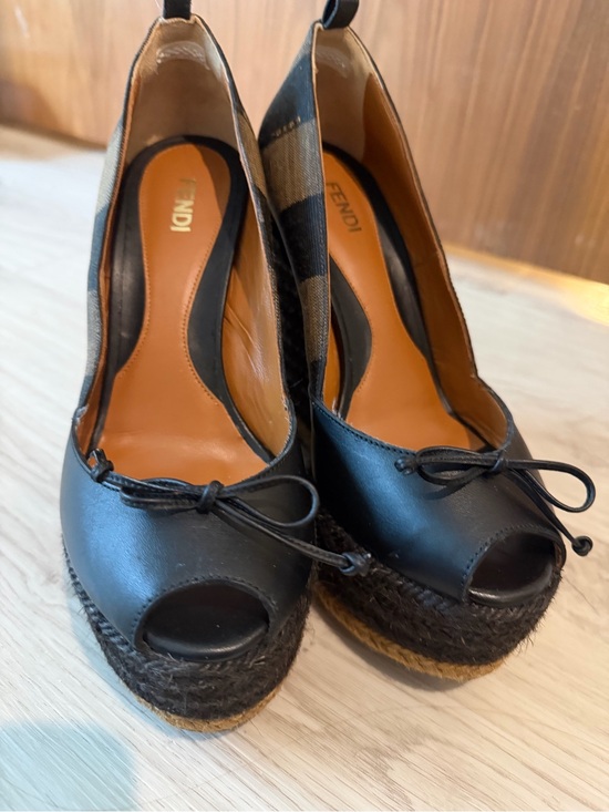Fendi Shoes - Fendi Black Leather Peep-Toe Platform Espadrille Wedges